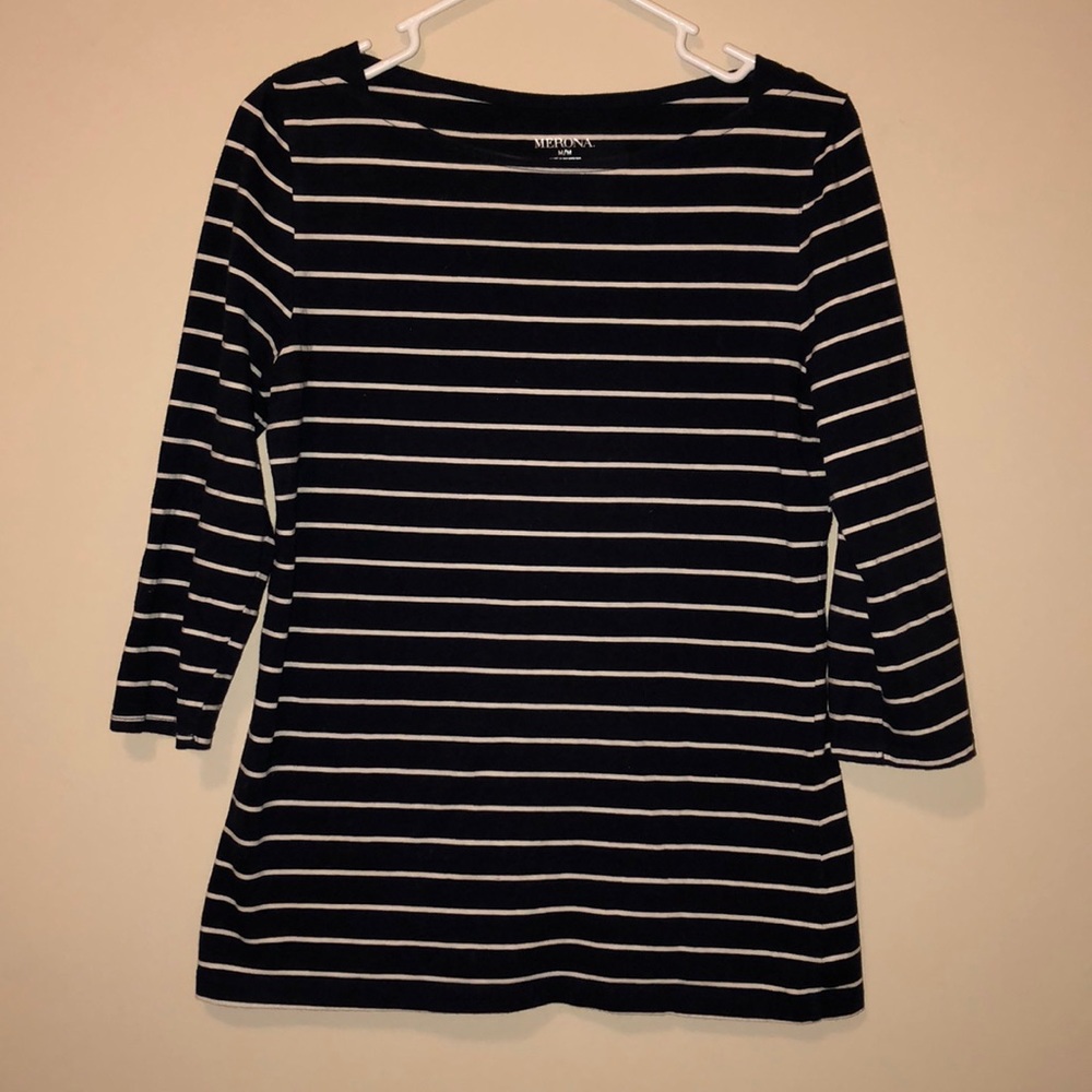 Boat neck blue and white striped shirt